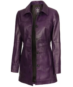 womens-3-4-length-button-down-purple-leather-coat
