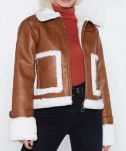Aviator Cropped Brown Leather Jacket