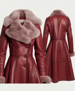 Bordeaux Double Breasted Leather Coat with Fur Trim