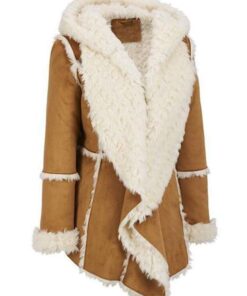 Womens Brown Shearling Hooded Overcoat