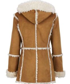 Womens Brown Shearling Hooded Overcoat