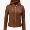 Women's Cognac Brown Leather Jacket With Removable Hood