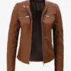 Women's Cognac Brown Leather Jacket With Removable Hood