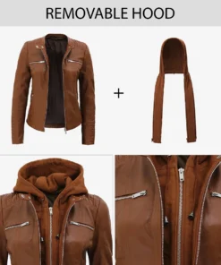 Women's Cognac Brown Hooded Leather Jacket