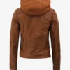 Women's Cognac Brown Leather Jacket With Removable Hood