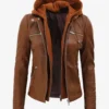 Women's Cognac Brown Leather Jacket With Removable Hood