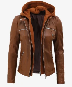 Women's Cognac Brown Leather Jacket With Removable Hood