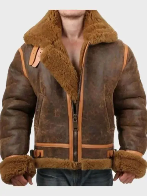 Men Aviator Distressed Leather Shearling Jacket