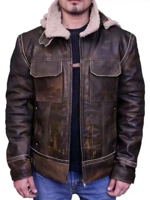 Aviator Leather Bomber Jacket With Fur Hood