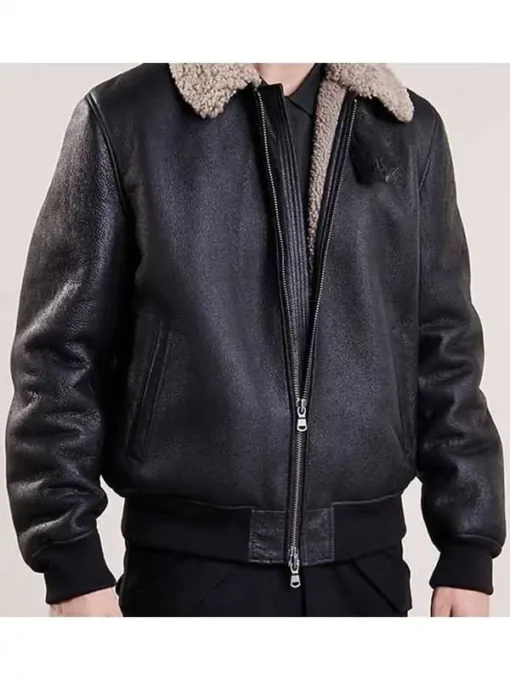 Black Aviator Leather Bomber Jacket