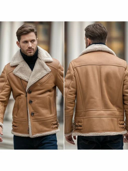 Mens Classic Tan Shearling Aviator Jacket