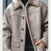 Oversized Taupe Leather Jacket with Shearling Cuff & Collar