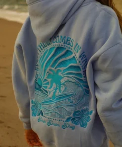 Pink Palm Puff Everything Comes in Waves Blue Hoodie