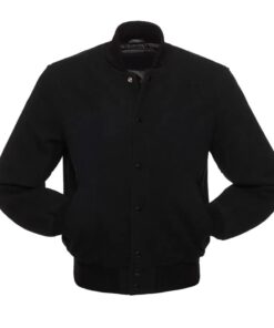 Solid Black Wool Varsity Jacket