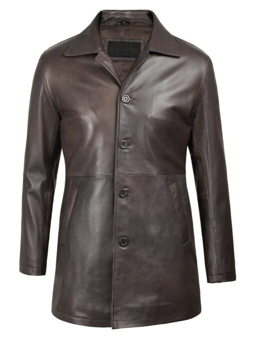 Winchester Men's Distressed Dark Brown Leather Car Coat