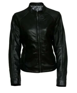 Women Black Slim Fit Motorcycle Leather Jacket