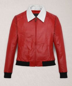 Bold Red biker Leather Jacket with White Collar and Black Trim