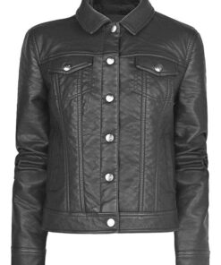 Classic Black Button Leather Jacket