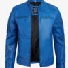 Dodge Men Cafe Racer Blue Leather Jacket