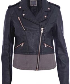 Elegant Women Navy Biker Leather Jacket