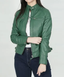 Women Green Diamond Leather Jacket