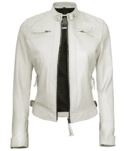 Women Off White Diamond Moto Style Real Leather Jacket