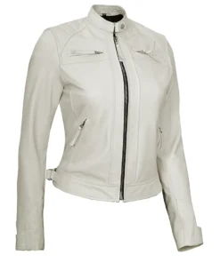 Women Off White Diamond Moto Style Real Leather Jacket