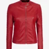 Womens Red Quilted Sleeves Cafe Racer Leather Jacket