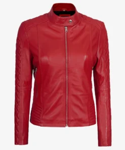 Womens Red Quilted Sleeves Cafe Racer Leather Jacket