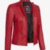 Womens Red Quilted Sleeves Cafe Racer Leather Jacket
