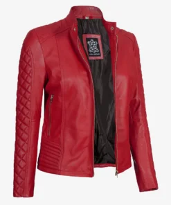 Womens Red Quilted Sleeves Cafe Racer Leather Jacket