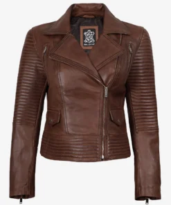 Women's Asymmetrical Cognac Wax Biker Leather Jacket