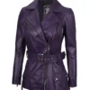 Women's Asymmetrical Purple Belted Leather Jacket
