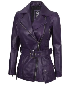 Women's Asymmetrical Purple Belted Leather Jacket