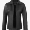 Women's Black Shirt Collar Leather Jacket