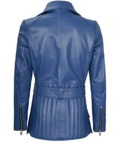 Women's Blue Belted Real Leather Jacket