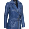 Women's Blue Belted Real Leather Jacket