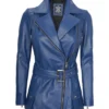 Women's Blue Belted Real Leather Jacket