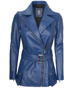 Women's Blue Belted Real Leather Jacket
