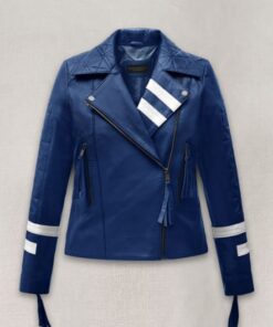Womens Bold Blue Biker Leather Jacket