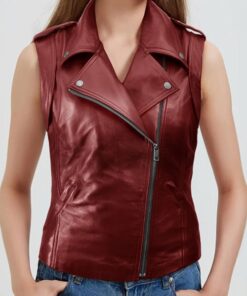 Womens Bold Red Sleeveless Leather Jacket