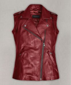 Womens Bold Red Sleeveless Leather Jacket