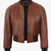 Women's Brown Cropped Bomber Leather Jacket