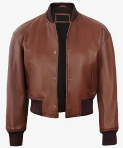 Women's Brown Cropped Bomber Leather Jacket