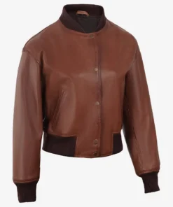 Women's Brown Cropped Bomber Leather Jacket