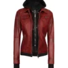Womens Burgundy Hooded Leather Jacket