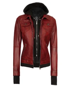 Womens Burgundy Hooded Leather Jacket