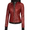 Womens Burgundy Hooded Leather Jacket