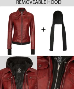 Womens Burgundy Hooded Leather Jacket