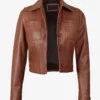 Womens Cognac Brown Cropped Harrington Leather Jacket
